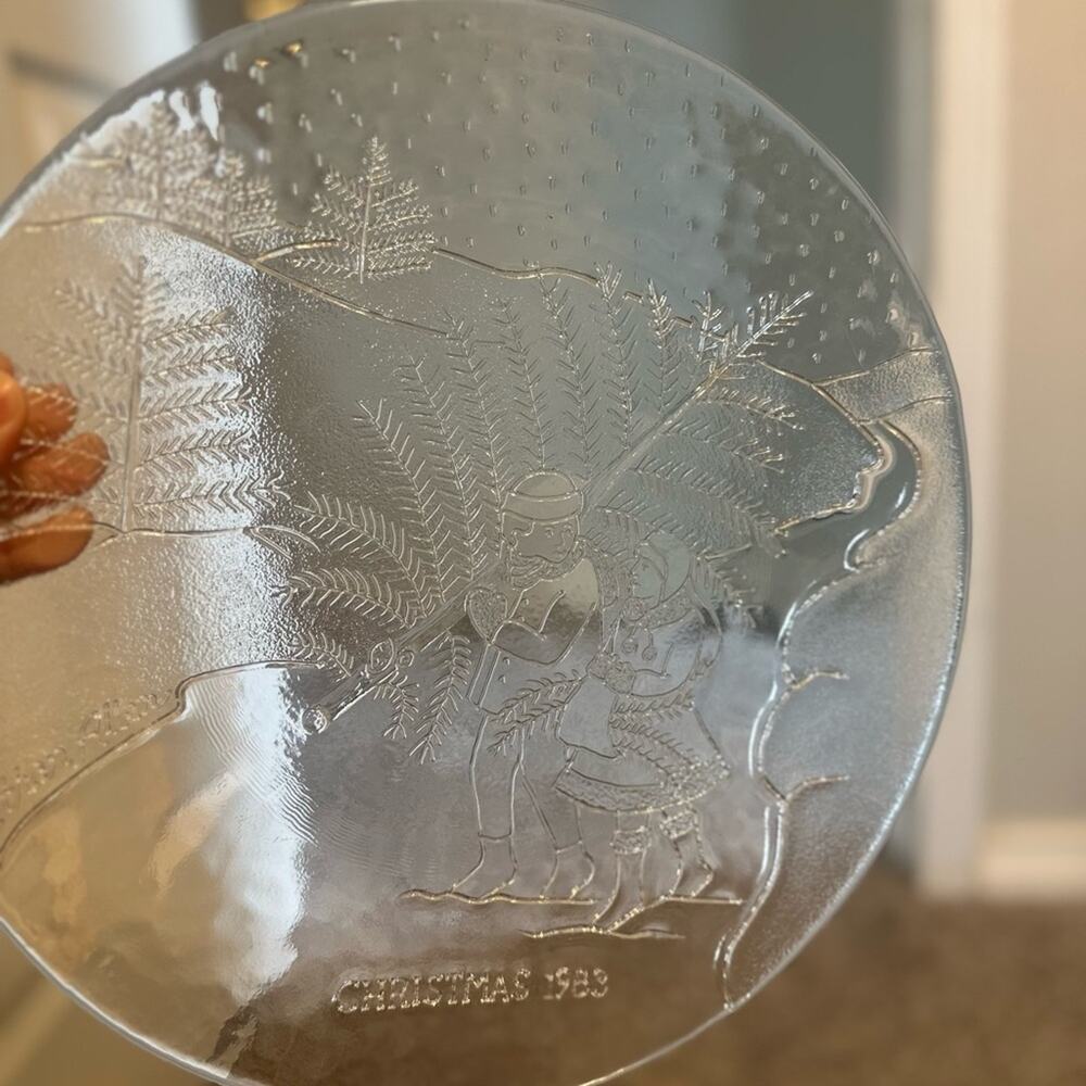 Ethan Allen Gray Glass Art Plate with Christmas Tree Etching